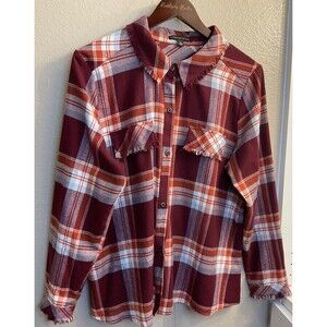 Signature Studio L Women Blouse Red Plaid Fringed Button Up Long Sleeve